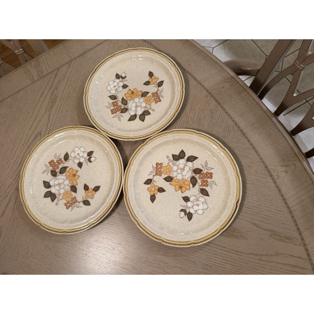Vintage Crown Manor Handpainted Stoneware Autumn Blossom Plates 10.5" Set Of 3